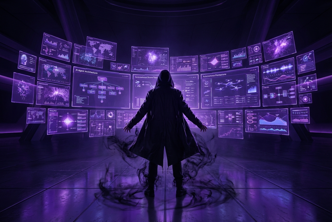 Shadow Monarch figure commanding an array of floating holographic AI agent dashboards in a dark purple command center