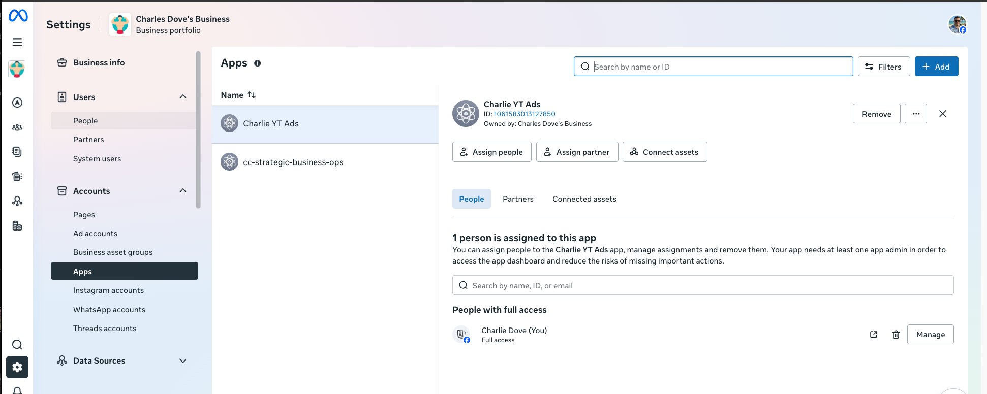 The Apps section of Meta Business Manager settings where you add your app by App ID