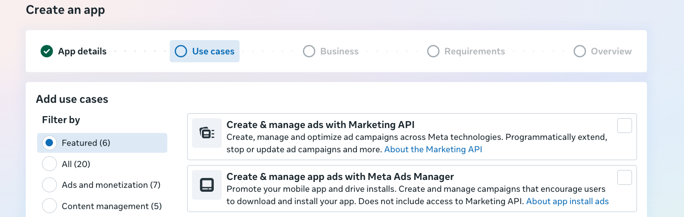 The Use cases step of Meta app creation with the two ads options that need to be checked
