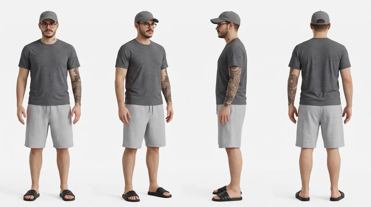 Four view full body character turnaround sheet generated from a single selfie on Higgsfield