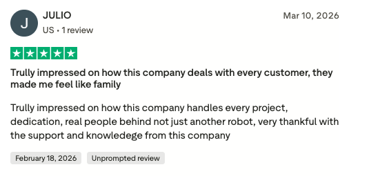 Julio — 5-star Trustpilot review: They made me feel like family